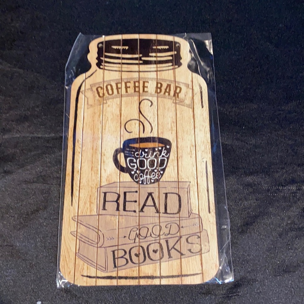 Wooden mason jar shaped sign; books and coffee. Includes twine string.